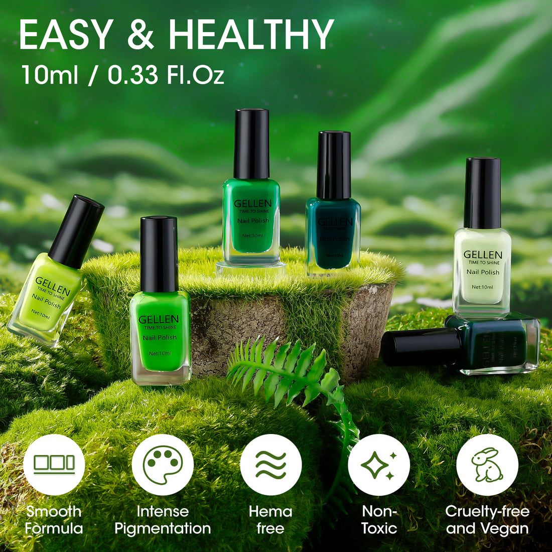 Gellen Nail Polish, Quick Air Dry 6 Colors Nail Lacquer Set Summer Emerald Green Trendy Nail Polish Kit for Nail Manicure DIY Art Home, No UV Light Needed, 0.33 oz Each Bottle
