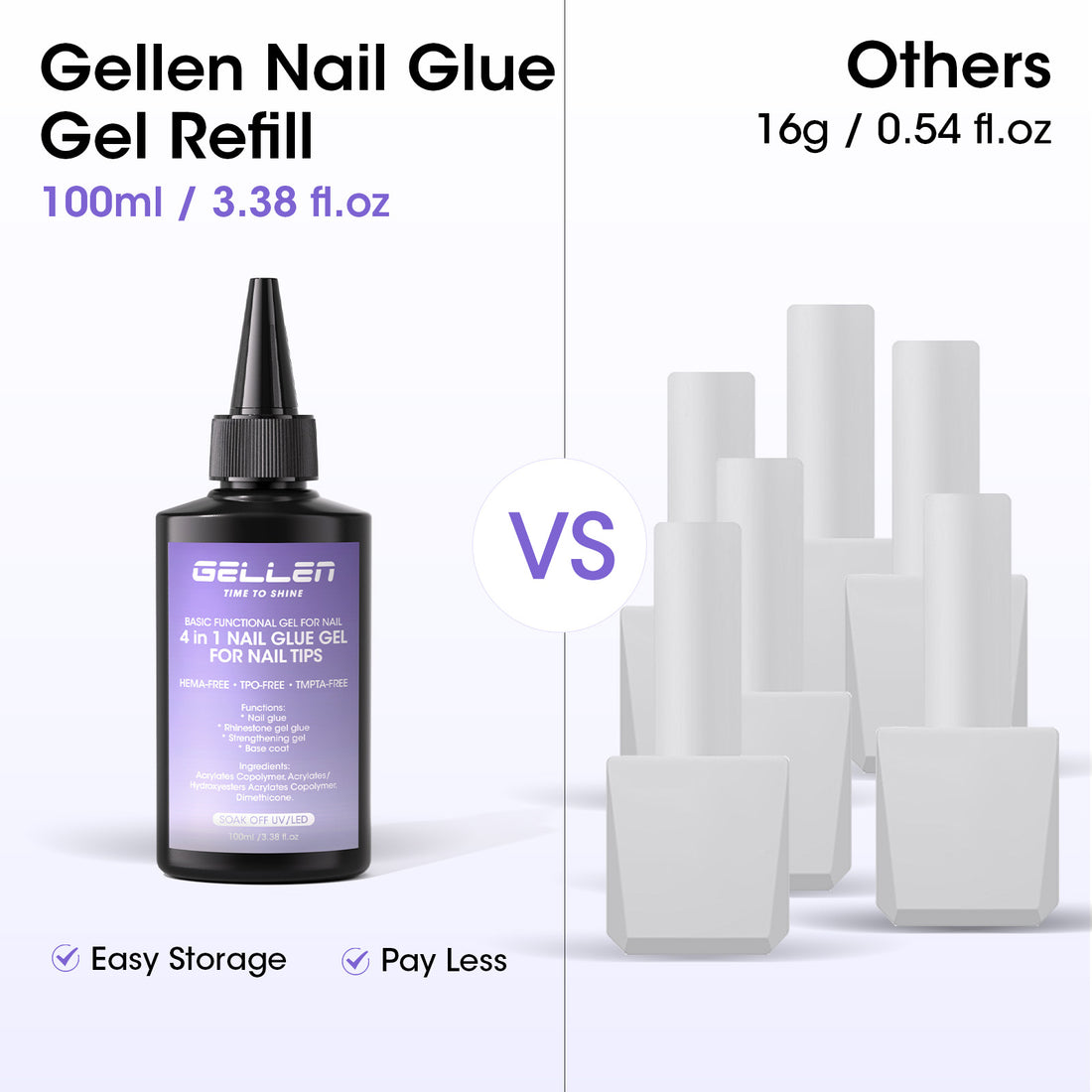 Gellen 100ML Nail Glue Gel for Nail Tips, 4-in-1 UV Light Needed Nail Gel As Base Gel, As Rhinestone Glue for Nail Art, As Nail Tips Glue for Press on Acrylic and False Nails and As Strengthener Gel