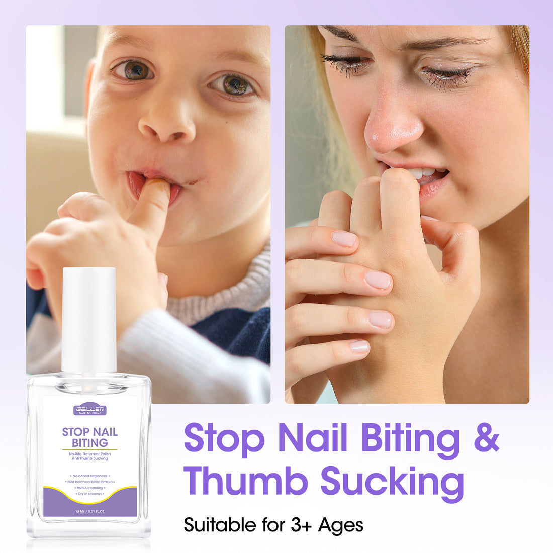 Gellen Nail Biting Treatment for Kids & Adults, Anti Nail Biting Polish with Bitter Taste, Thumb Sucking Deterrent & Nail Repair Treatment, Clear Nail Strengthener 15ML