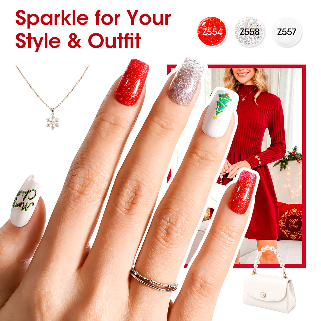 Gellen Quick Dry Nail Polish, 6Colors Christmas Red Gold Glitter Collection Regular Nail Polish Set No UV Light Needed for Finger Toe & Fake Nails Home Salon DIY Nail Art