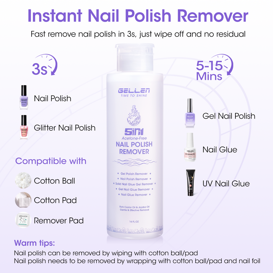 Gellen 5-in-1 Nail Polish Remover Kit, Non Acetone Fast Remover for Regular Nail Polish, UV Gel Polish, Fake Nails, Solid Gel & Nail Glue, Low Odor Nail Polish Remover with Push-down Pump, 16Fl.oz