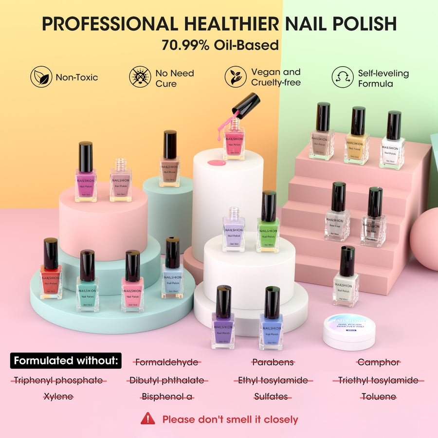 Nailshion Quick Air Dry Nail Polish Set, 16 Colors 10ML Nude Red Blue Green Nail Polish with Clear Base Top Coat and 35Pcs Remover Pads All Season Regular Nail Lacquer Gift for Women Girls