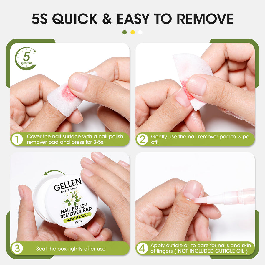 Gellen Acetone Free Nail Polish Remover Pads, 140Pcs Remover Wipes for for Acrylic Nails, Non-Acetone Travel Wets Bulk Set for Clearing Nail Lacquer Supplies, Jasmine Scent