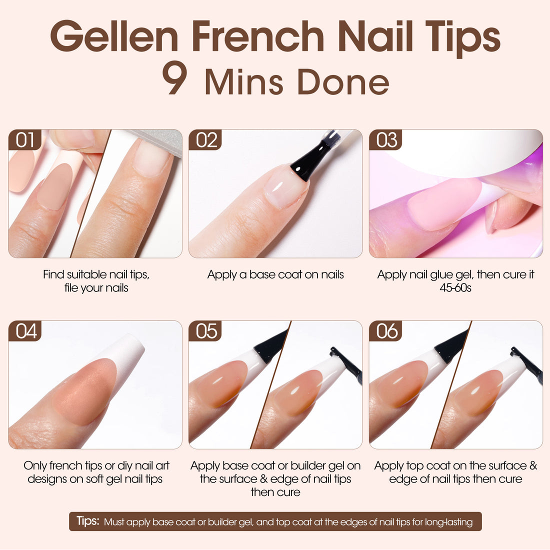 Gellen French Tips Press on Nails - 150 Pcs Brown Medium Coffin, Salon Acrylic Press on Nails Soft Gel Nail Tips, 15 Sizes Fake Nails 3 in 1 Pre-french French Tips Full Cover Tips for Nail Art