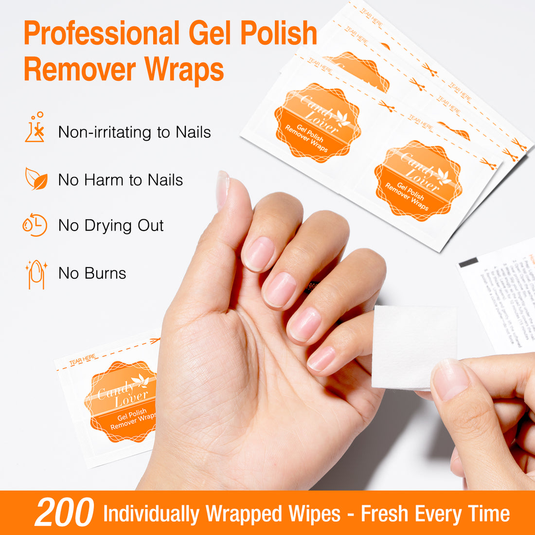 Candy Lover Gel Polish Remover, 200pcs Acetone-Free Gel Nail Polish Remover Wipes with Nail File and Cuticle Pusher, Professional Individually Wrapped Nail Polish Remover Pads