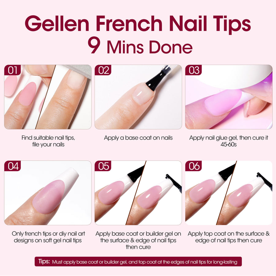 Gellen French Tips Press on Nails - 150 Pcs Pink Medium Coffin, Salon Acrylic Press on Nails Soft Gel Nail Tips, 15 Sizes Fake Nails 3 in 1 Pre-french French Tips Full Cover Tips for Nail Art