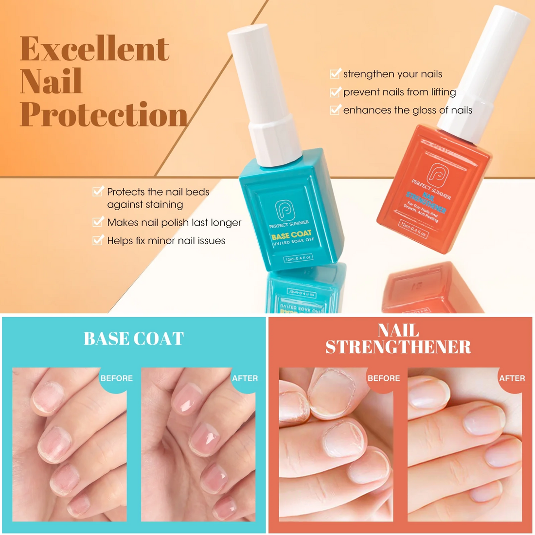 Perfect Summer Gel Top Coat and Base Coat Nail Polish with Nail Strengthener Gel Set, No Wipe UV LED Soak Off Nail Gel Polish, Shiny Glossy Clear Matte Finish, Top Coat Base Coat Manicure