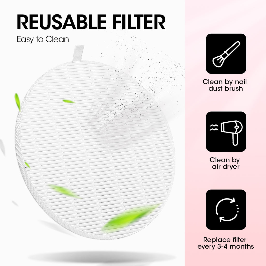Gellen Nail Dust Collector with Reusable Filter&Dust Brush Nail Tech Vacuum Dust Fan Low Noise Powerful Suction Dust Extractor Electric Machine