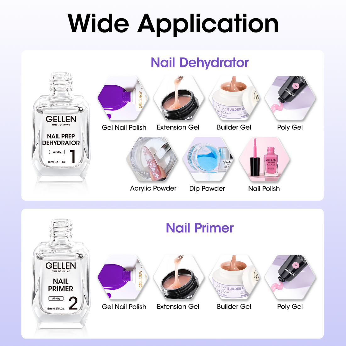 Gellen Nail Dehydrator and Primer Set, 18ML Hema-free Air Dry Nails Prep Dehydrate & Acid-free Bond Primer System Kit for Long Lasting Gel Nail Polish Acrylic Press-ons Nail Art Supplies