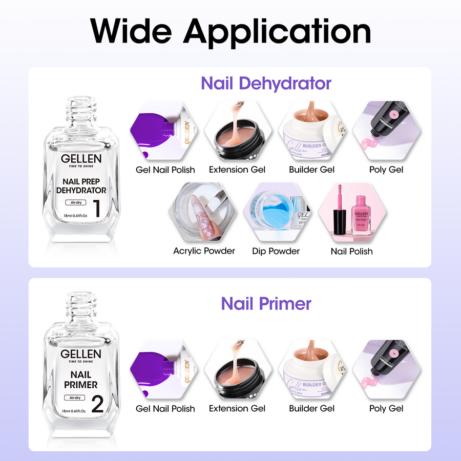 Gellen Nail Dehydrator and Primer Set, 18ML Hema-free Air Dry Nails Prep Dehydrate & Acid-free Bond Primer System Kit for Long Lasting Gel Nail Polish Acrylic Press-ons Nail Art Supplies