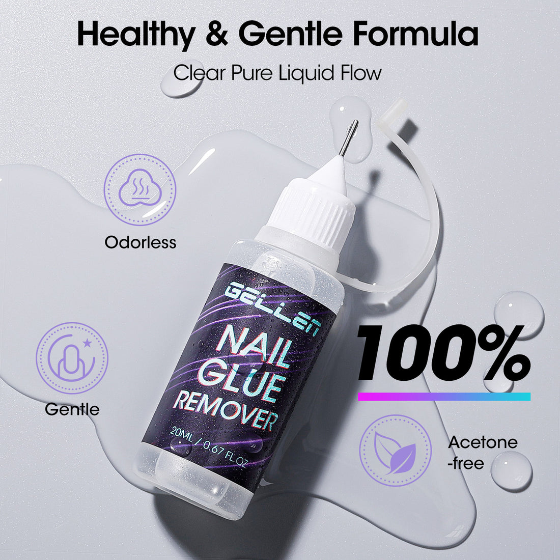 Gellen Nail Glue Remover, 20ML Needle Nozzle Non-Acetone Gel Nail Glue Remover for Press On Nails, Easy Remove Solid Nail Glue Gel On Fake Nail Tip