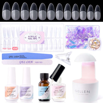 Gellen Nail Tips and Glue Gel Kit, False Nail Kit Easy Nail Extension Set with 240Pcs Full Matte Almond Gel Nail Tips, Nail Glue Base Gel and LED Nail Lamp