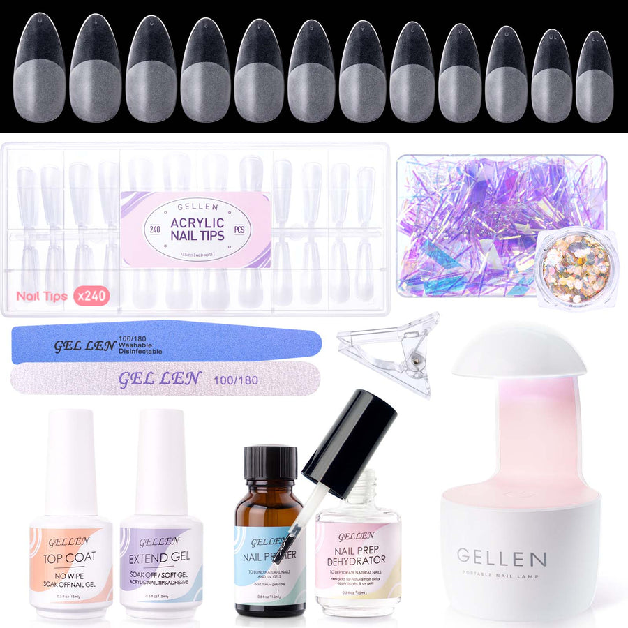 Gellen Nail Tips and Glue Gel Kit, False Nail Kit Easy Nail Extension Set with 240Pcs Full Matte Almond Gel Nail Tips, Nail Glue Base Gel and LED Nail Lamp