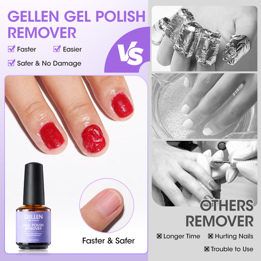 Gellen Gel Polish Remover Kit, 3-5 minutes Quick Removal, with Liquid Latex Tape Easy Peel Off & Nail Strengthener & Manicure Tools, No Need Wrapping or Soaking