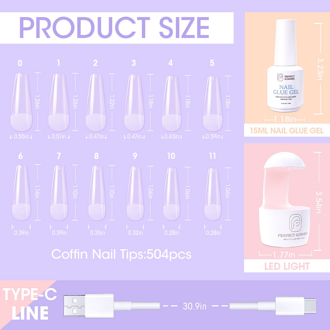 Perfect Summer Nail Tips and Glue Gel Kit, 504Pcs Coffin False Nail Tips, 3 in 1 Nail Glue Gel, UV Nail Lamp, Gel Nail Extension Kit, Acrylic Nail Kit