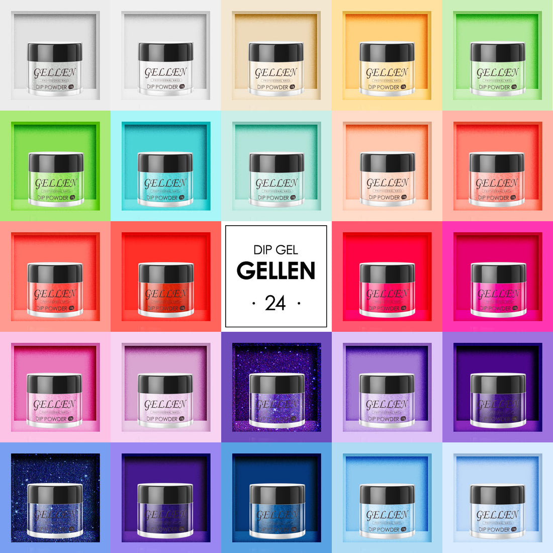 Gellen Dip Powder Nail Kit, 24 Colors Bright Red Pink Purple Glitter Dip Nail Powder Kit, Nail Art All Season Series Dip Powder Set DIY Salon Home Gift for Women
