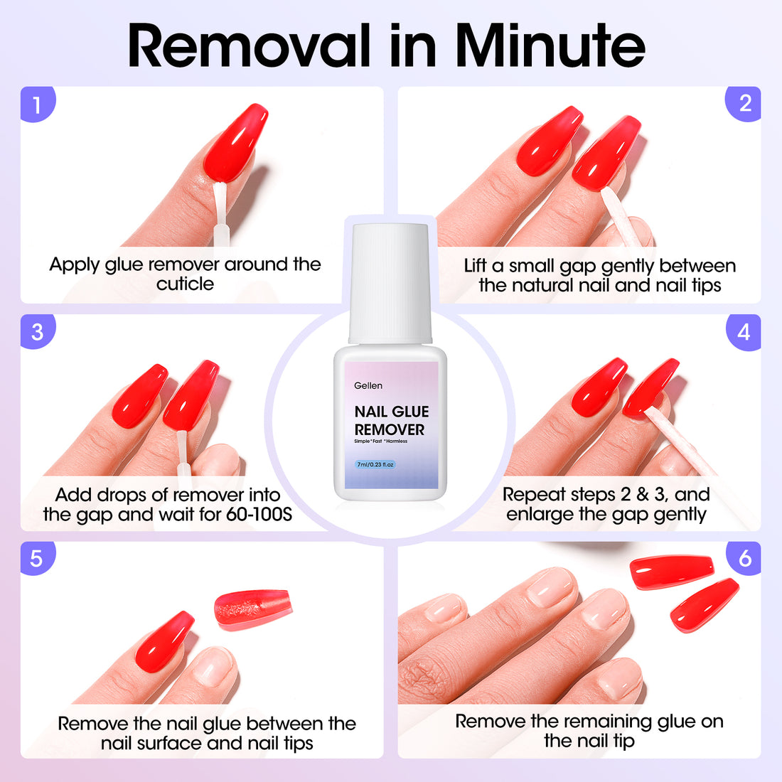 Gellen Nail Glue for Press on Nails with Nail Glue Remover, Air Dry Nail Glue and Acrylic Nail Glue Remover Set for Fake Nail Tips, 0.23 fl oz Each