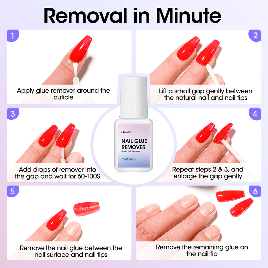 Gellen Nail Glue for Press on Nails with Nail Glue Remover, Air Dry Nail Glue and Acrylic Nail Glue Remover Set for Fake Nail Tips, 0.23 fl oz Each