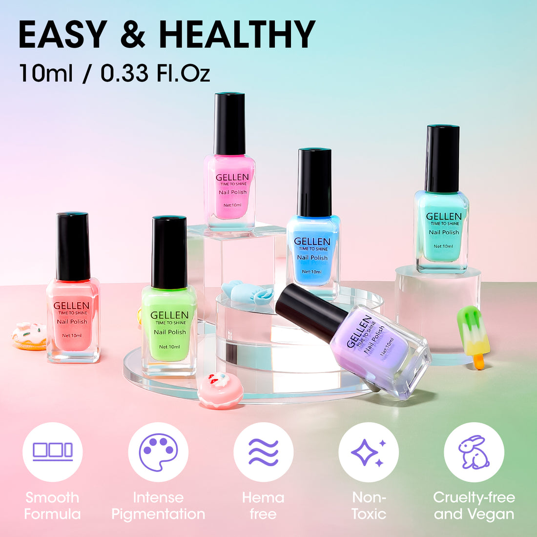 Gellen Nail Polish, Quick Air Dry 6 Colors Nail Lacquer Set Neon Colorful Nail Polish Set for Nail Manicure DIY Art Home, No UV Light Needed, 0.33 Fl.oz