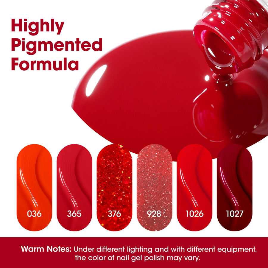 Gellen Red Gel Nail Polish Set, 6 Colors Winter Christmas Burgundy Red Bloody Red Glitter Gel Polish, No Wipe Soak Off Glossy UV Gel for DIY Nail Art Salon Manicure, 10ml/0.33oz