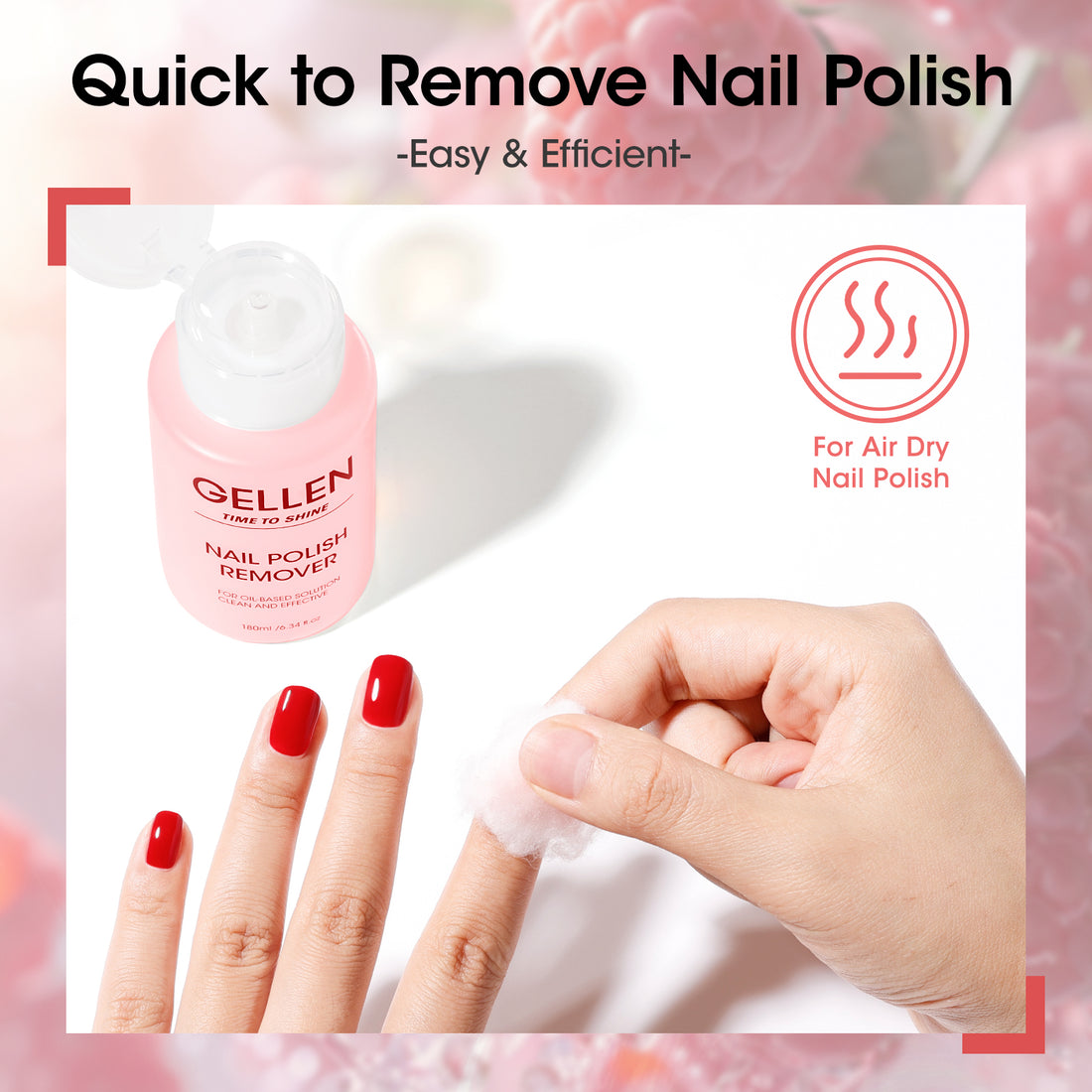 Gellen Nail Polish Remover, 180ML Non Acetone Gentle Nail Polish Remover for Regular Nail Polish, Berry Scent Nail Polish Remover with Easy Push-down Pump, 6.34 fl oz