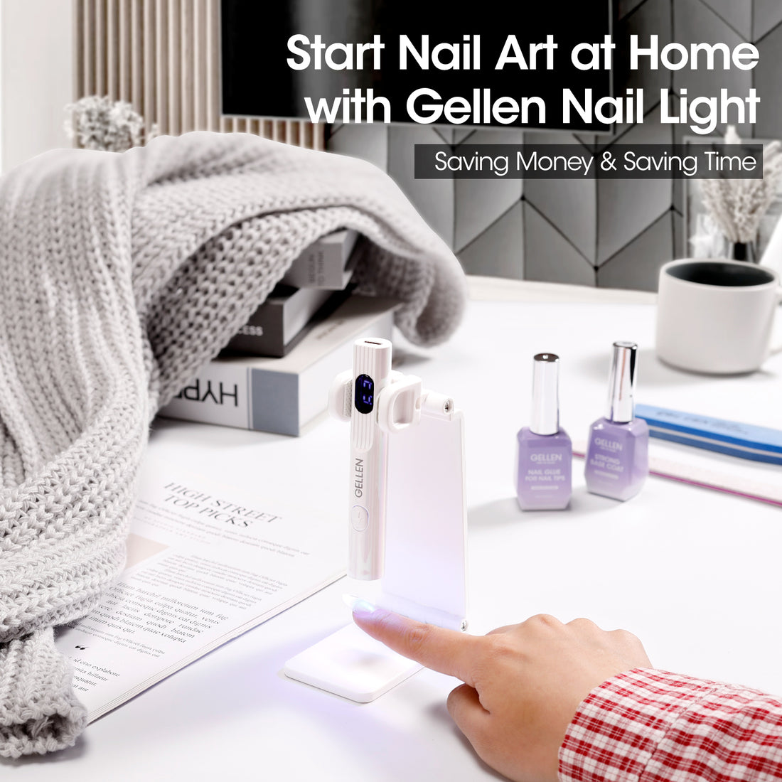 Gellen Portable Mini UV Light for Gel Nails, Handheld UV Nail Lamp with Base, 3 Timer Settings & LCD Display, Fingernails Curing Nail UV Light
