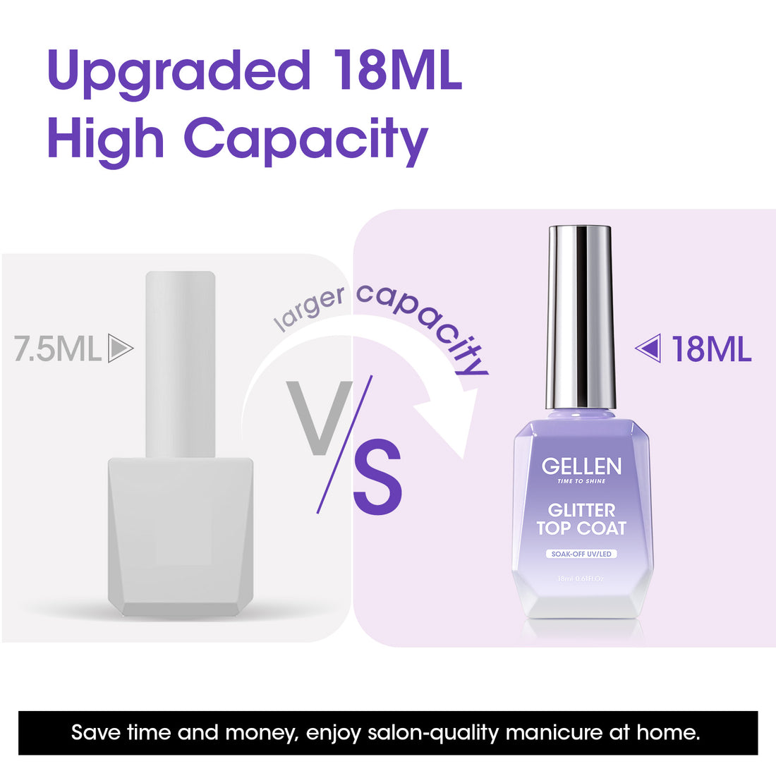 Gellen Glitter Gel Top Coat, 18ML No Wipe Glitter Gel Top Coat, Clear UV Top Coat Gel Nail Polish, Soak Off Nail Lamp Gel Base Top Coat Nail Art Home Manicure
