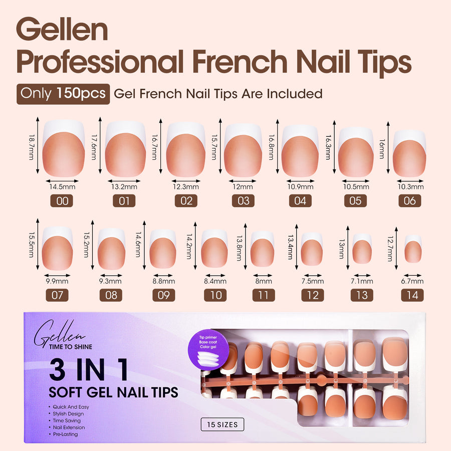 Gellen French Tips Press on Nails - 150 Pcs Brown Short Square, Salon Acrylic Press on Nails Soft Gel Nail Tips, 15 Sizes Fake Nails 3 in 1 Pre-french French Tips Full Cover Tips for Nail Art