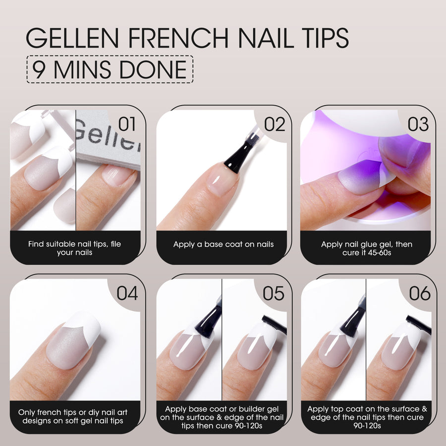 Gellen French Tips Press on Nails - 150 Pcs Gray Medium Square, Salon Acrylic Press on Nails Soft Gel Nail Tips, 15 Sizes Fake Nails Full Cover Tips for Nail Art