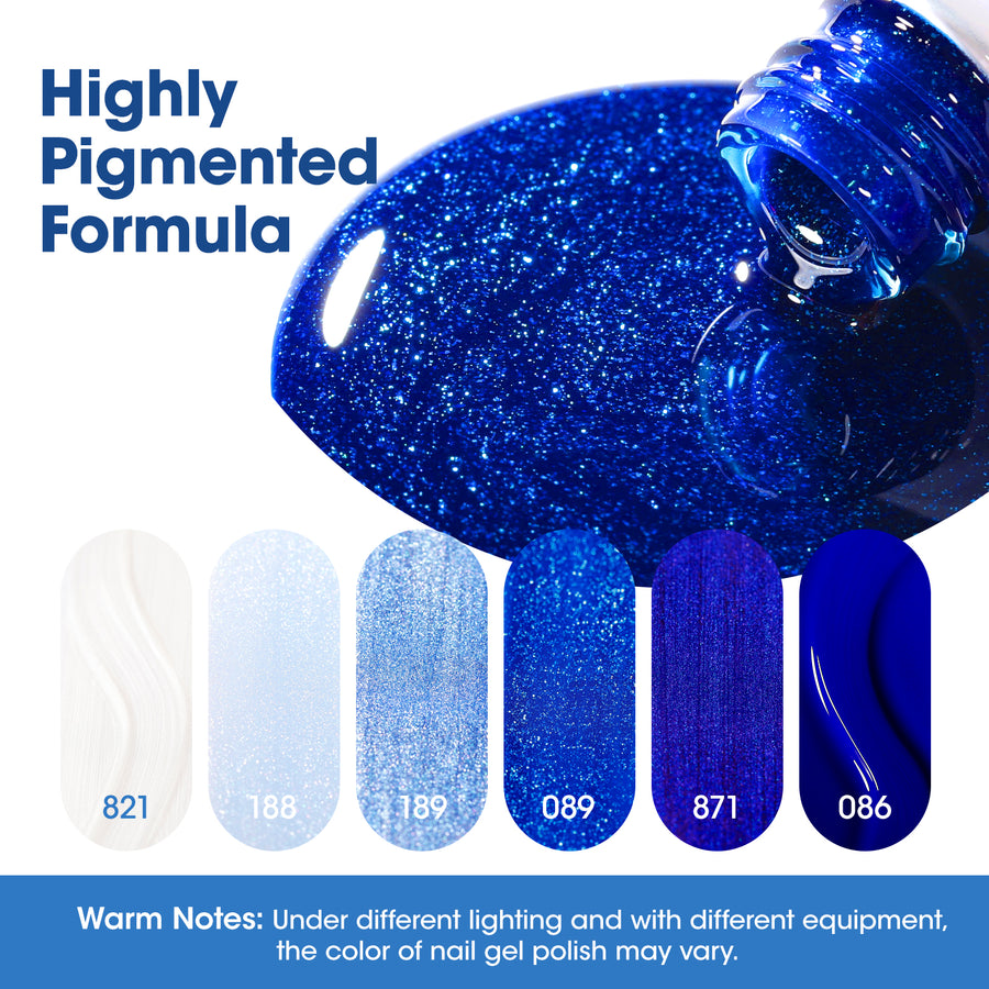 Gellen Blue Gel Nail Polish Set, 6 Colors Glitter Royal Blue Dark Blue Pearlescent Shell White Nail Gel Polish, No Wipe Soak Off UV Gel for DIY Nail Art Salon Manicure, 10ml/0.33oz