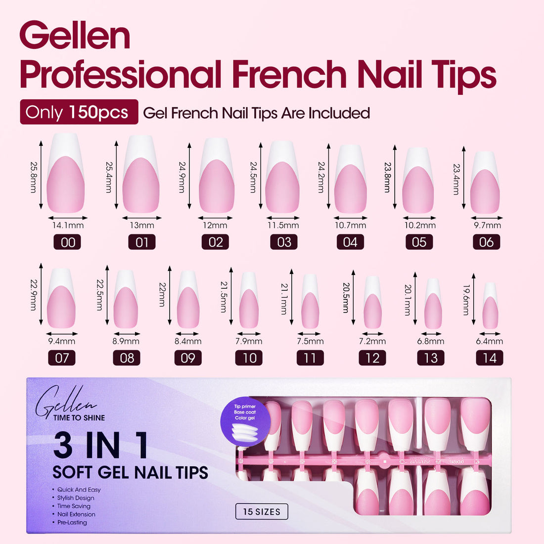 Gellen French Tips Press on Nails - 150 Pcs Pink Medium Coffin, Salon Acrylic Press on Nails Soft Gel Nail Tips, 15 Sizes Fake Nails 3 in 1 Pre-french French Tips Full Cover Tips for Nail Art