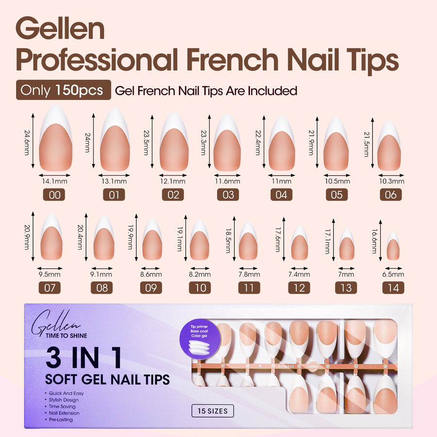 Gellen French Tips Press on Nails - 150 Pcs Brown Medium Coffin, Salon Acrylic Press on Nails Soft Gel Nail Tips, 15 Sizes Fake Nails 3 in 1 Pre-french French Tips Full Cover Tips for Nail Art