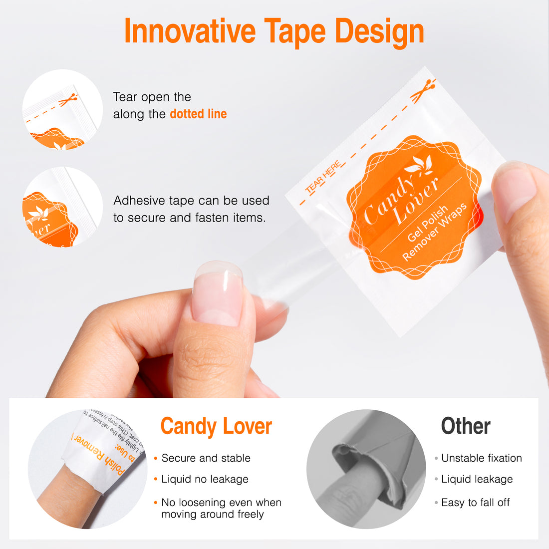 Candy Lover Gel Polish Remover, 200pcs Acetone-Free Gel Nail Polish Remover Wipes with Nail File and Cuticle Pusher, Professional Individually Wrapped Nail Polish Remover Pads