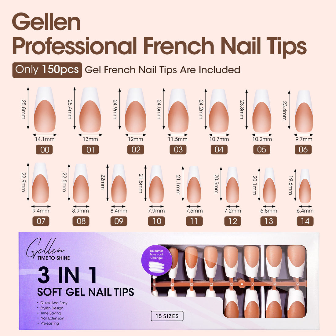 Gellen French Tips Press on Nails - 150 Pcs Brown Medium Coffin, Salon Acrylic Press on Nails Soft Gel Nail Tips, 15 Sizes Fake Nails 3 in 1 Pre-french French Tips Full Cover Tips for Nail Art