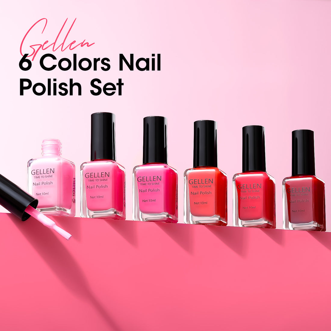 Gellen 6Colors Nail Polish Set, Quick Air Dry Nail Polish Bright Red Pink Trendy Nail Polish Kit for Nail Manicure DIY Art Home, No UV Light Needed, 0.33 oz