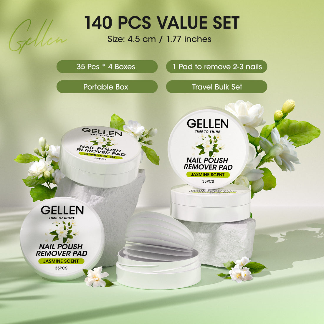 Gellen Acetone Free Nail Polish Remover Pads, 140Pcs Remover Wipes for for Acrylic Nails, Non-Acetone Travel Wets Bulk Set for Clearing Nail Lacquer Supplies, Jasmine Scent