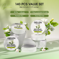 Gellen Acetone Free Nail Polish Remover Pads, 140Pcs Remover Wipes for for Acrylic Nails, Non-Acetone Travel Wets Bulk Set for Clearing Nail Lacquer Supplies, Jasmine Scent