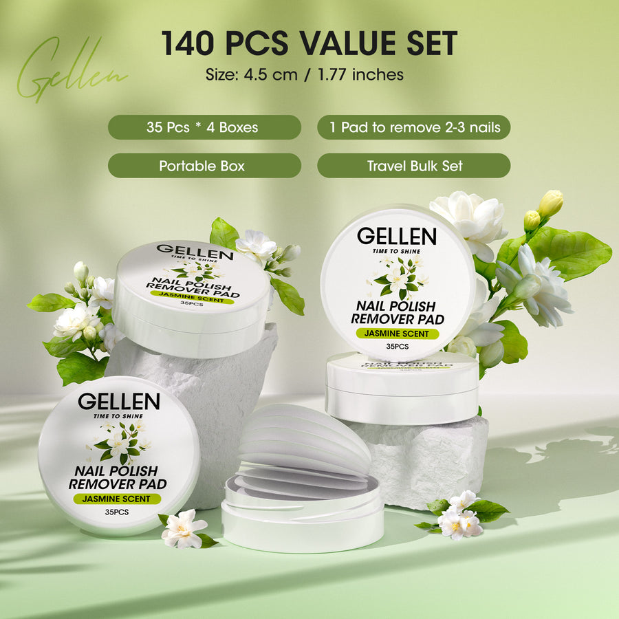 Gellen Acetone Free Nail Polish Remover Pads, 140Pcs Remover Wipes for for Acrylic Nails, Non-Acetone Travel Wets Bulk Set for Clearing Nail Lacquer Supplies, Jasmine Scent