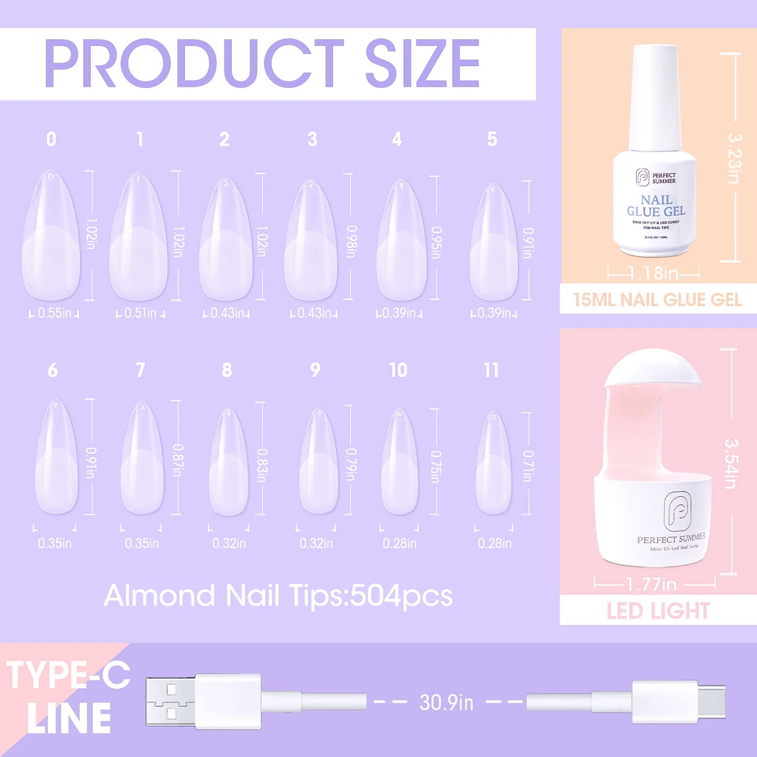 Perfect Summer Nail Tips and Glue Gel Kit, 504Pcs Almond Clear False Nail Tips, 3 in 1 Nail Glue Gel, Portable UV Nail Lamp, Gel Nail Extension Kit, Acrylic Nail Kit