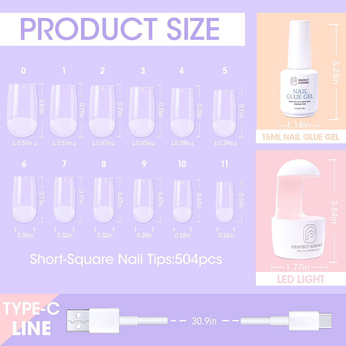 Perfect Summer Nail Tips and Glue Gel Kit, 504pcs Short-square False Nail Tips, 3 in 1 Base Coat and Strengthen Gel, Portable UV Nail Lamp, Gel Nail Extension Kit, Acrylic Nail Kit