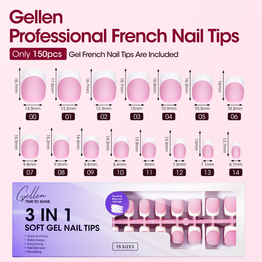 Gellen French Tips Press on Nails - 150 Pcs Pink Short Square, Salon Acrylic Press on Nails Soft Gel Nail Tips, 15 Sizes Fake Nails 3 in 1 Pre-french French Tips Full Cover Tips for Nail Art