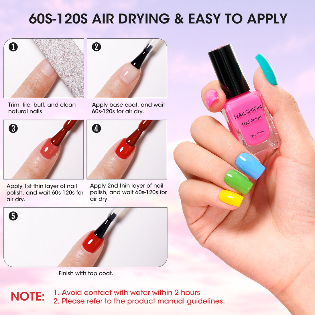 Nailshion Quick Air Dry Nail Polish Set, 16 Colors 10ML Rainbow Nail Polish with Clear Base Top Coat and 35Pcs Remover Pads Spring Summer Regular Nail Lacquer Gift for Women Girls