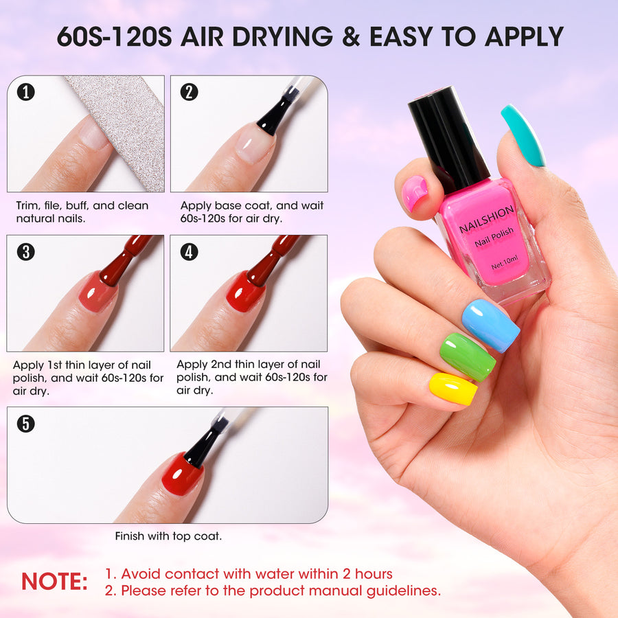 Nailshion Quick Air Dry Nail Polish Set, 16 Colors 10ML Rainbow Nail Polish with Clear Base Top Coat and 35Pcs Remover Pads Spring Summer Regular Nail Lacquer Gift for Women Girls