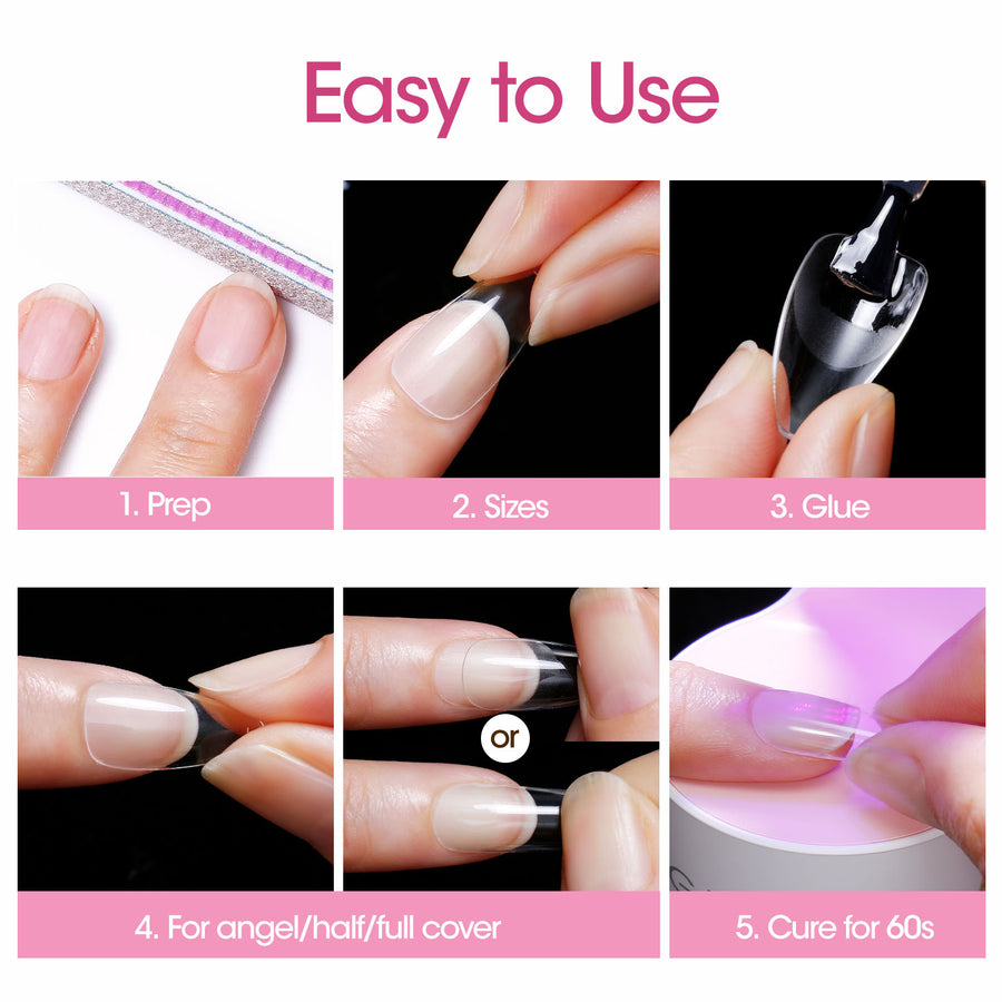 Gellen Extra Short Square Fake Nail Tips for Press on Nails, 504Pcs Soft Gel Tips for Nail Extensions Full Cover Pre-shaped 12 Sizes Clear False Nails for Nail Art