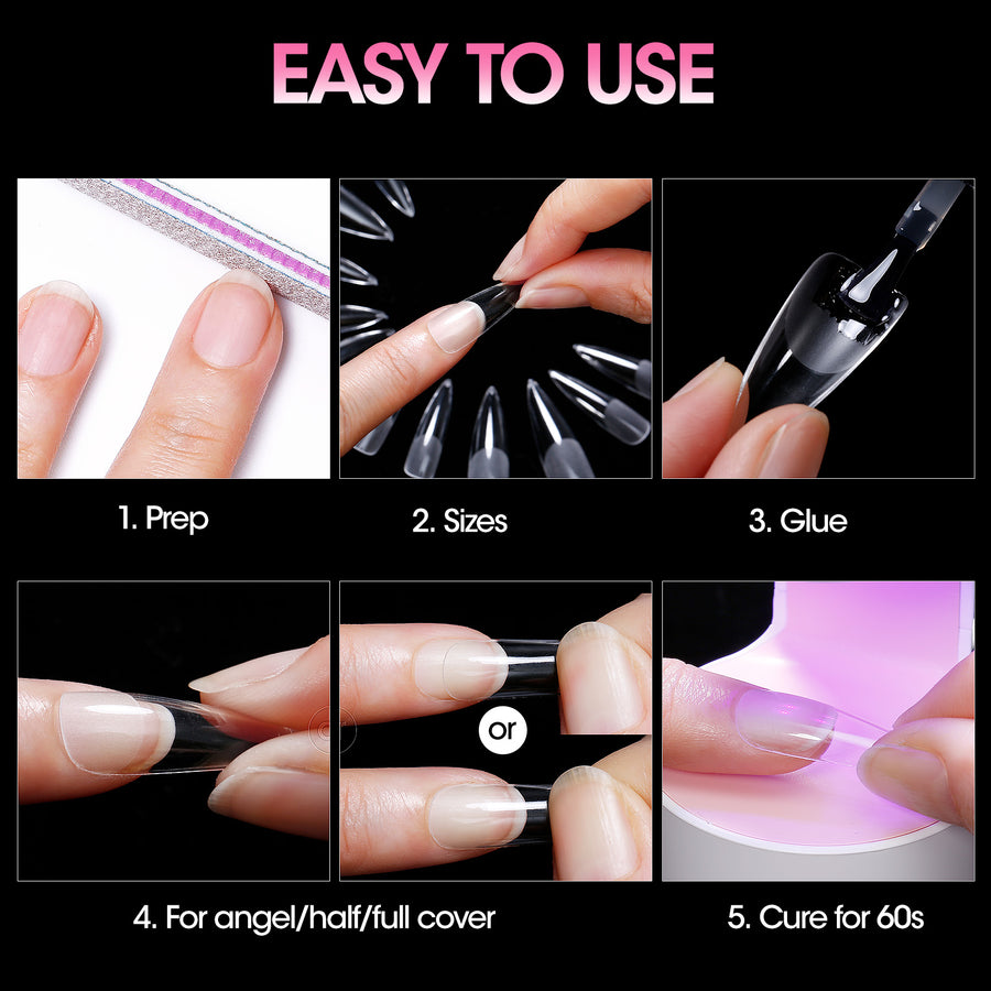 Gellen Long Stiletto Fake Nail Tips for Press on Nails, 504Pcs Soft Gel Tips for Nail Extensions Full Cover Pre-shaped 12 Sizes Clear False Nails for Nail Art