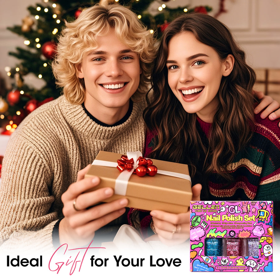 Gellen Nail Polish, Quick Dry 3 Colors Glitter Sliver Pink Green Nail Polish Set Xmas Halloween Nail Lacquer Set, Gift for Women Home Nail Art, No UV Light Needed, 0.33 Fl.oz