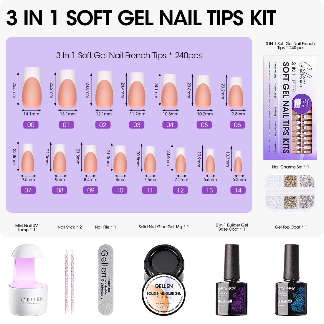 Gellen French Tips Gel Nail Kit - 240 Pcs Brown Long Square, Salon Acrylic Nail Kits Including Gel Top Coat and Base Coat, UV Lamp, Solid Nail Glue Gel, Nail Charms for French Tip Manicure