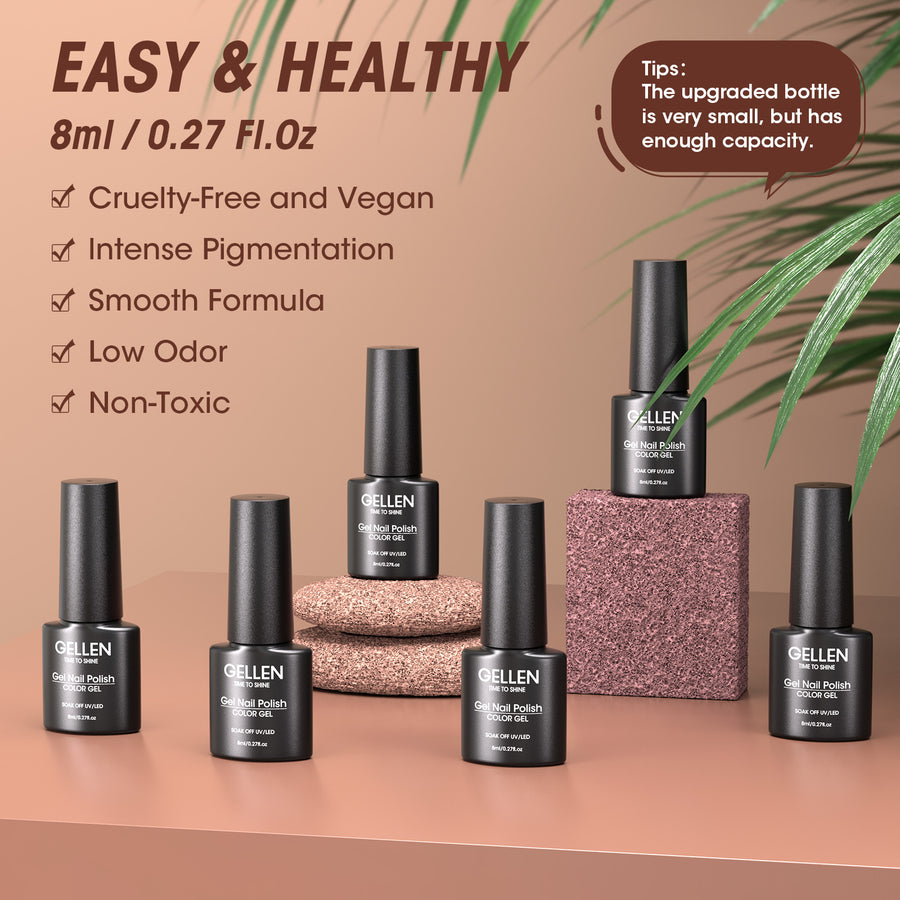 Gellen Brown Jelly Gel Nail Polish, 6 Colors Amber Nude Pink Gel Polish Set Light Brown, Nude Beige Soak Off Nail Gel Kit for Fall Winter Nail Art Home Diy Manicure