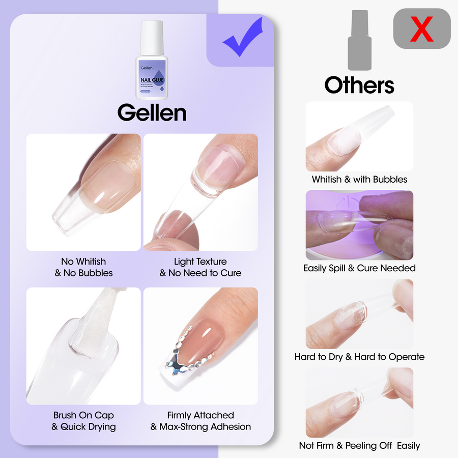 Gellen Nail Glue for Press on Nails with Nail Glue Remover, Air Dry Nail Glue and Acrylic Nail Glue Remover Set for Fake Nail Tips, 0.23 fl oz Each