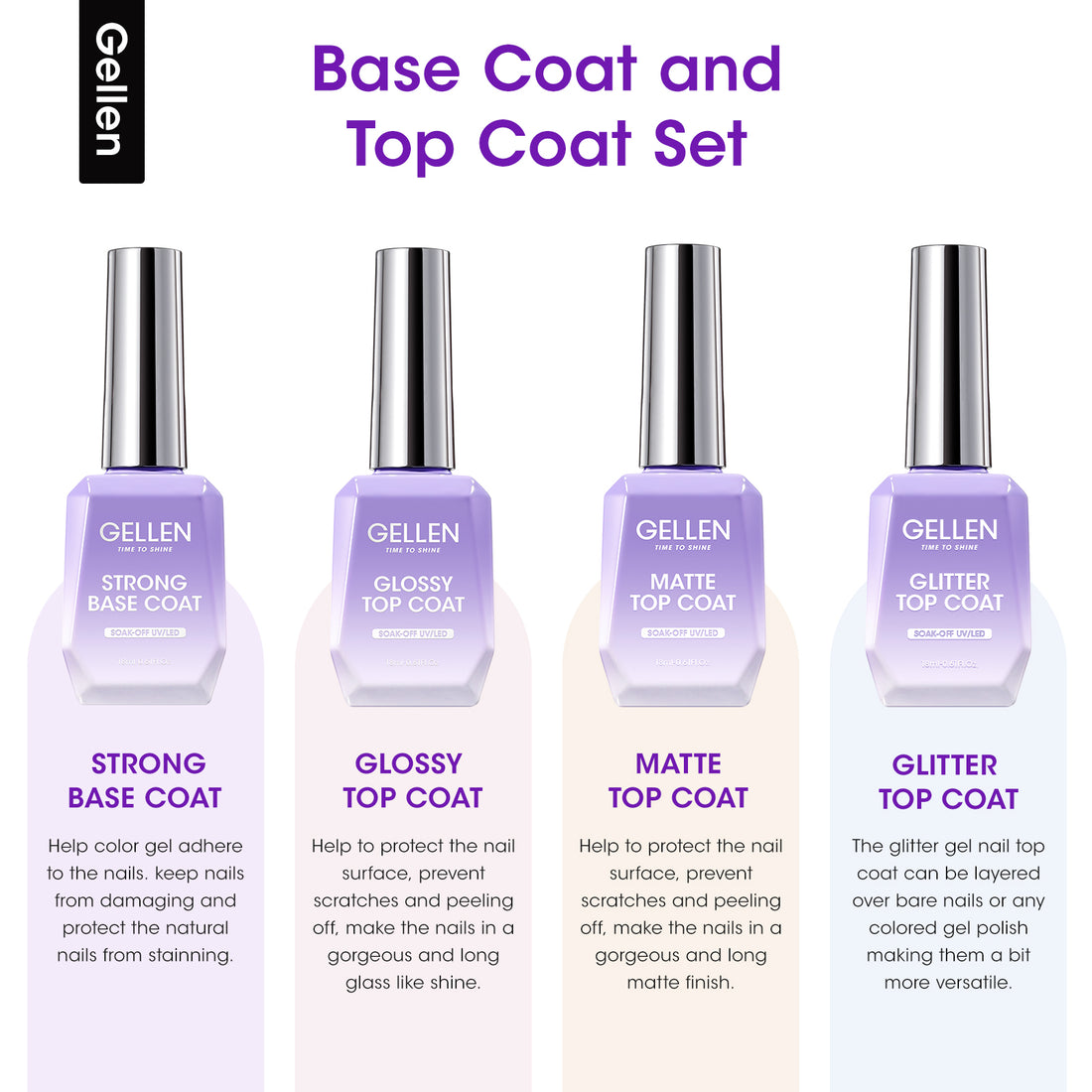 Gellen Gel Base and Top Coat Set, 4Pcs 18ML No Wipe Matte Glossy Glitter Gel Top Coat, Clear UV Base Coat Gel Nail Polish, Soak Off Nail Lamp Gel Base Top Coat Nail Art Home Manicure